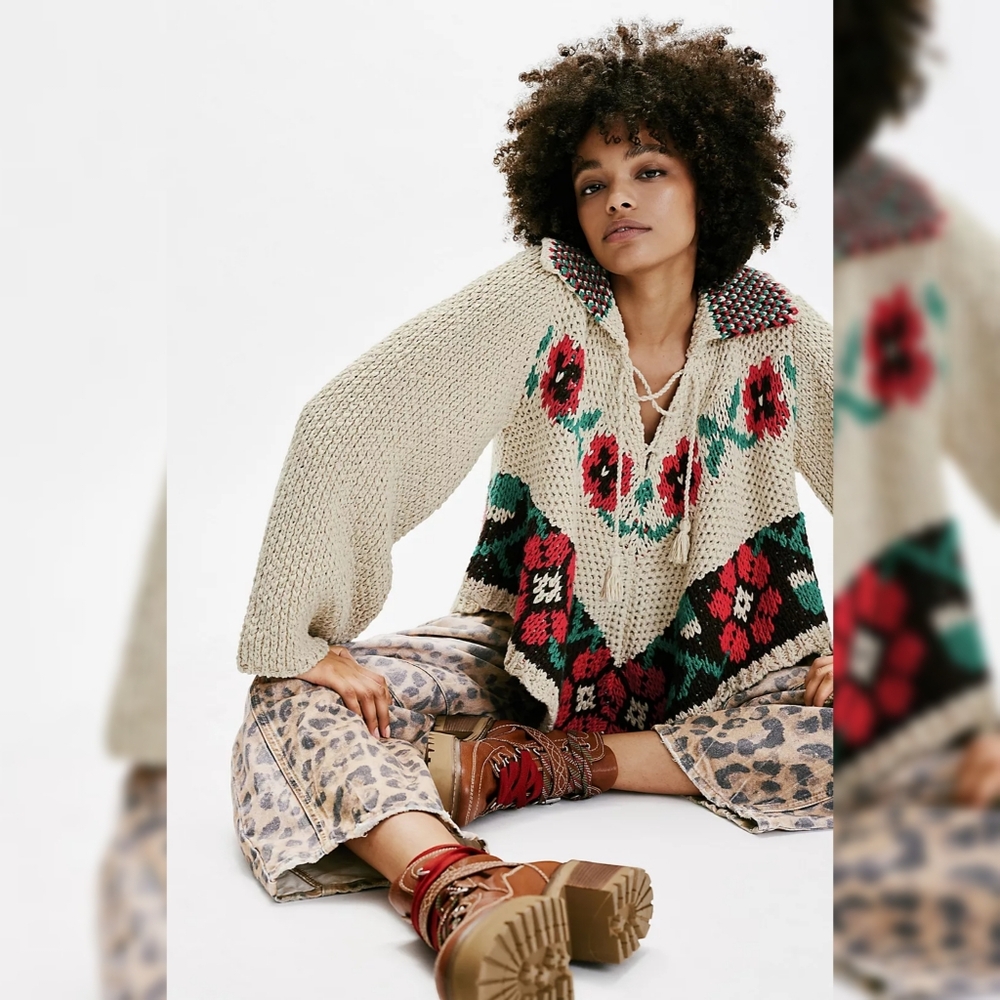 Free People Cream Crochet Pullover with Red & Green Floral Motif